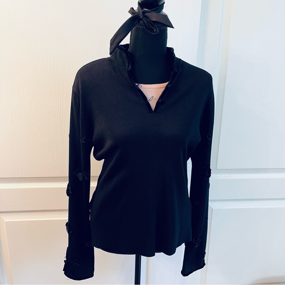 M. Nicole  black long sleeve evening sweater velvet edging with velvet f… - Picture 2 of 15